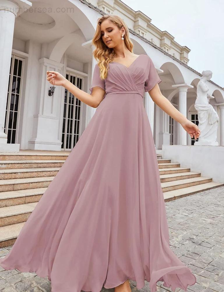 Numbersea Wrap V-Neck Chiffon Bridesmaid Dresses Long Formal Maxi Evening Gown for Wedding Guests SEA28049 by numbersea