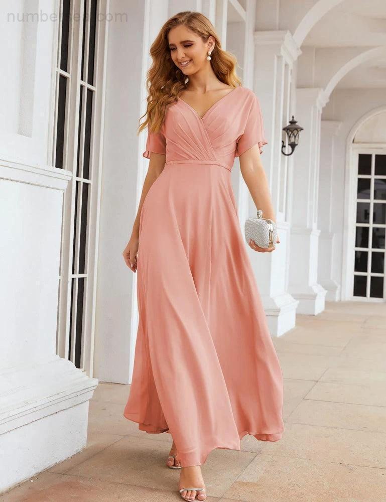 Numbersea Wrap V-Neck Chiffon Bridesmaid Dresses Long Formal Maxi Evening Gown for Wedding Guests SEA28049 by numbersea