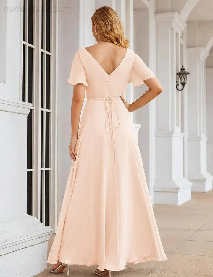 Numbersea Wrap V-Neck Chiffon Bridesmaid Dresses Long Formal Maxi Evening Gown for Wedding Guests SEA28049 by numbersea