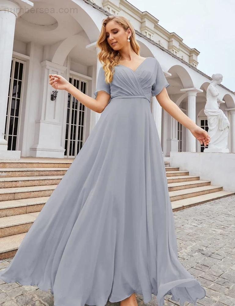 Numbersea Wrap V-Neck Chiffon Bridesmaid Dresses Long Formal Maxi Evening Gown for Wedding Guests SEA28049 by numbersea