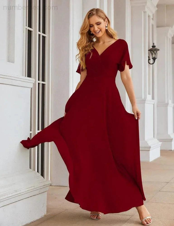 Numbersea Wrap V-Neck Chiffon Bridesmaid Dresses Long Formal Maxi Evening Gown for Wedding Guests SEA28049 by numbersea