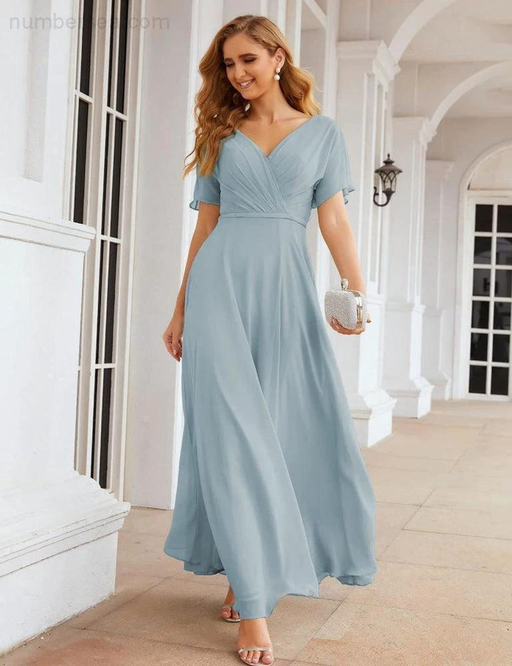 Numbersea Wrap V-Neck Chiffon Bridesmaid Dresses Long Formal Maxi Evening Gown for Wedding Guests SEA28049 by numbersea