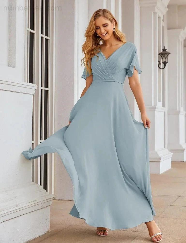 Numbersea Wrap V-Neck Chiffon Bridesmaid Dresses Long Formal Maxi Evening Gown for Wedding Guests SEA28049 by numbersea