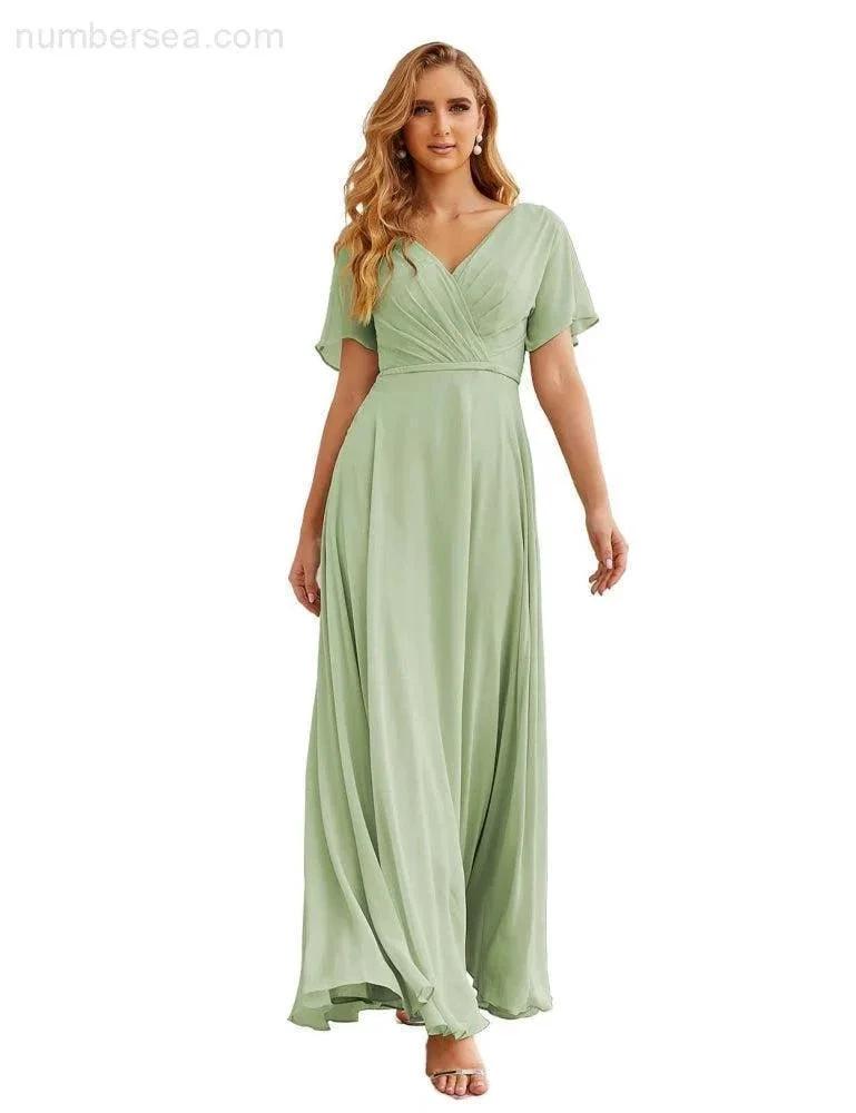 Numbersea Wrap V-Neck Chiffon Bridesmaid Dresses Long Formal Maxi Evening Gown for Wedding Guests SEA28049 by numbersea