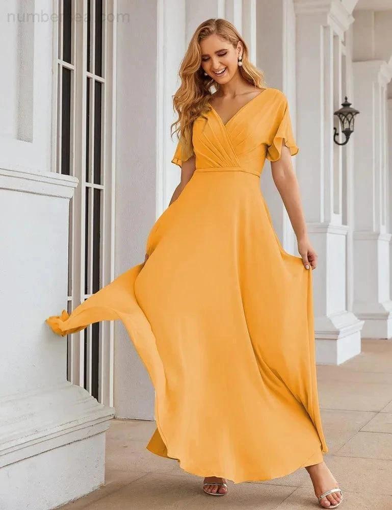 Numbersea Wrap V-Neck Chiffon Bridesmaid Dresses Long Formal Maxi Evening Gown for Wedding Guests SEA28049 by numbersea