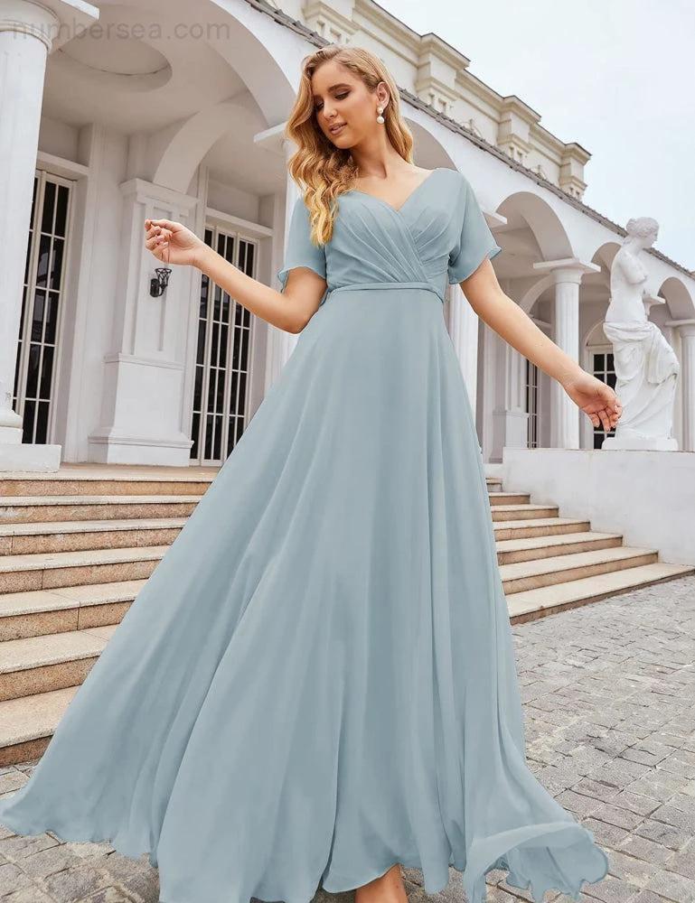 Numbersea Wrap V-Neck Chiffon Bridesmaid Dresses Long Formal Maxi Evening Gown for Wedding Guests SEA28049 by numbersea