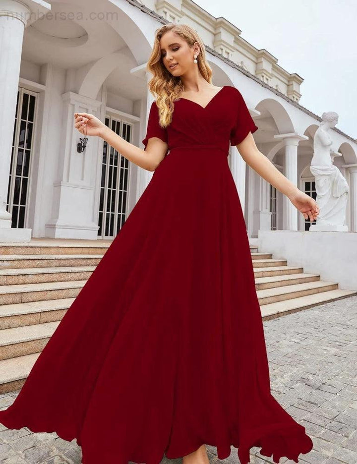 Numbersea Wrap V-Neck Chiffon Bridesmaid Dresses Long Formal Maxi Evening Gown for Wedding Guests SEA28049 by numbersea