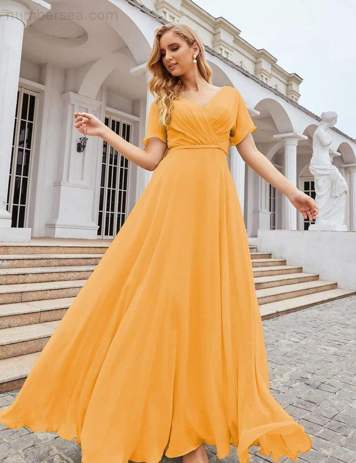 Numbersea Wrap V-Neck Chiffon Bridesmaid Dresses Long Formal Maxi Evening Gown for Wedding Guests SEA28049 by numbersea