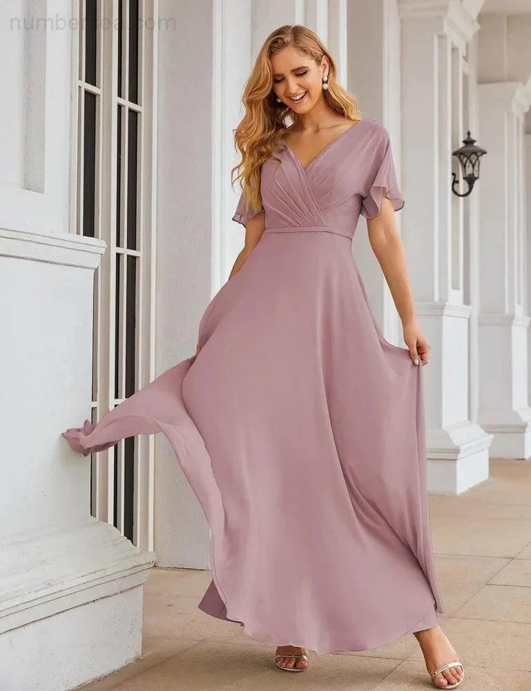 Numbersea Wrap V-Neck Chiffon Bridesmaid Dresses Long Formal Maxi Evening Gown for Wedding Guests SEA28049 by numbersea