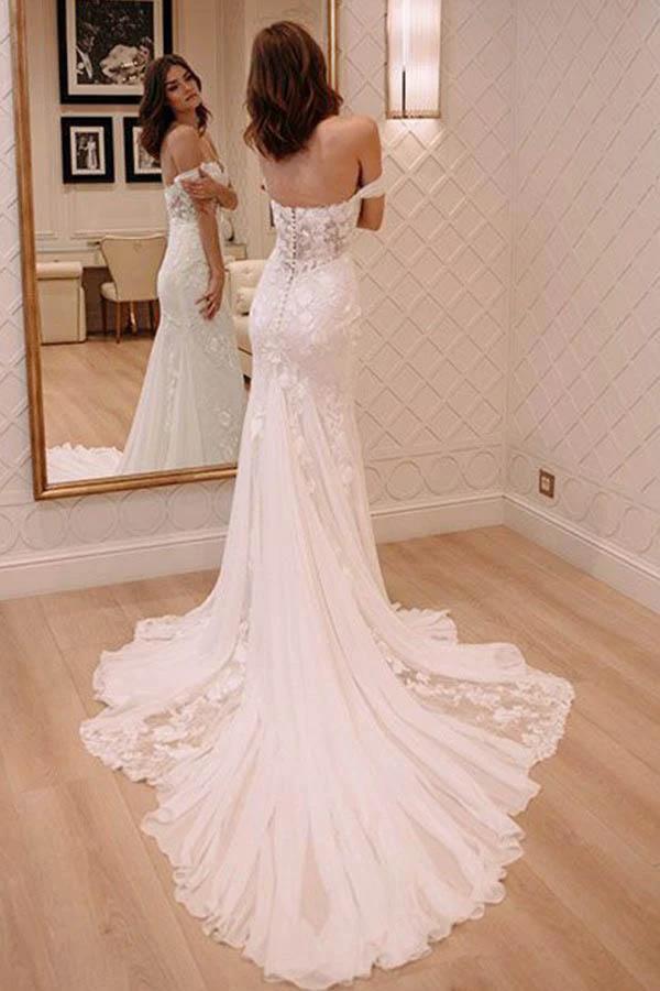 Off Shoulder Court Train Chiffon Wedding Dress with Lace Appliques WD220 by pgmdress