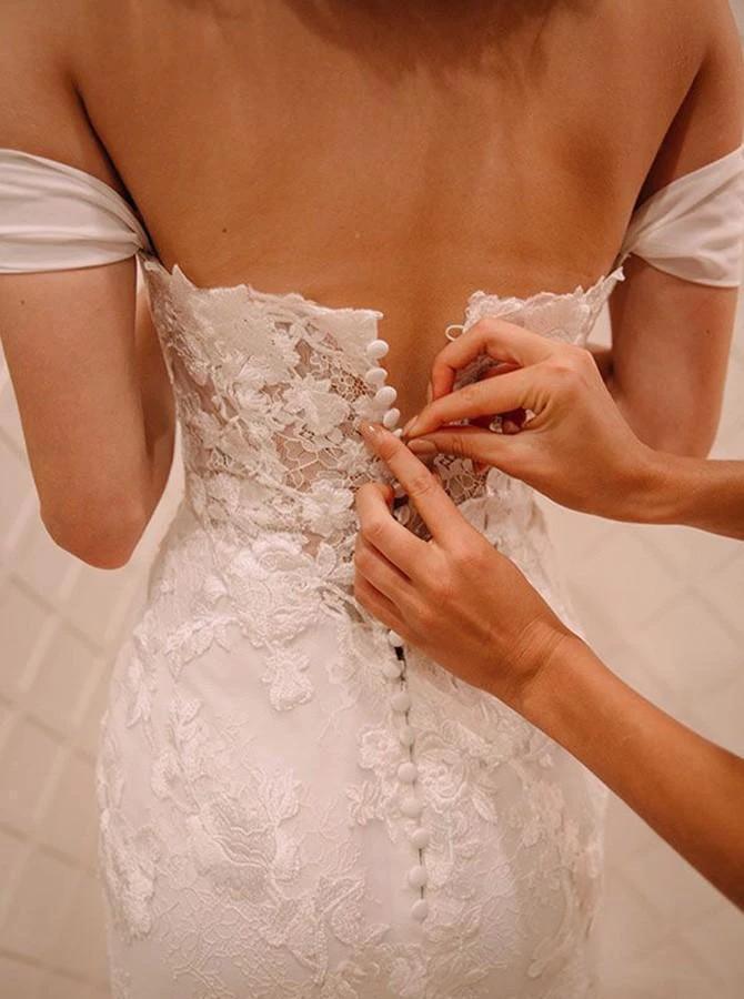 Off Shoulder Court Train Chiffon Wedding Dress with Lace Appliques WD220 by pgmdress