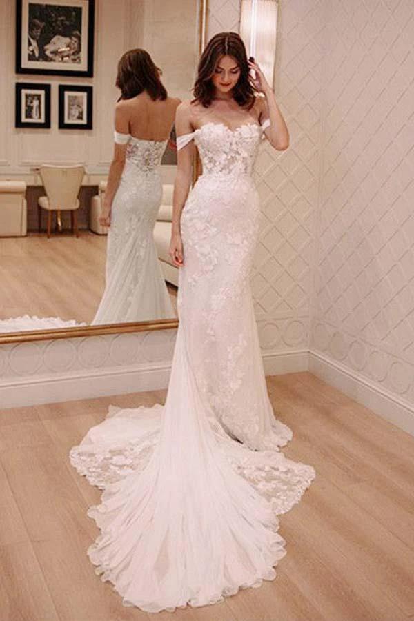 Off Shoulder Court Train Chiffon Wedding Dress with Lace Appliques WD220 by pgmdress