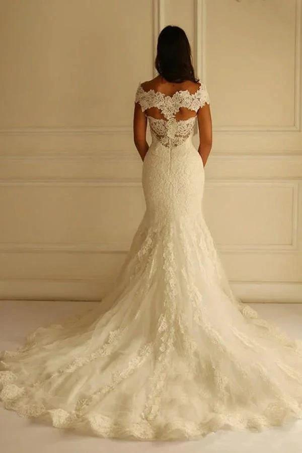 Off Shoulder Court Train Short Sleeves Mermaid Lace Wedding Dress WD104 by pgmdress