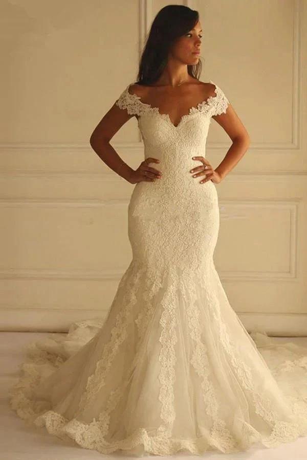 Off Shoulder Court Train Short Sleeves Mermaid Lace Wedding Dress WD104 by pgmdress
