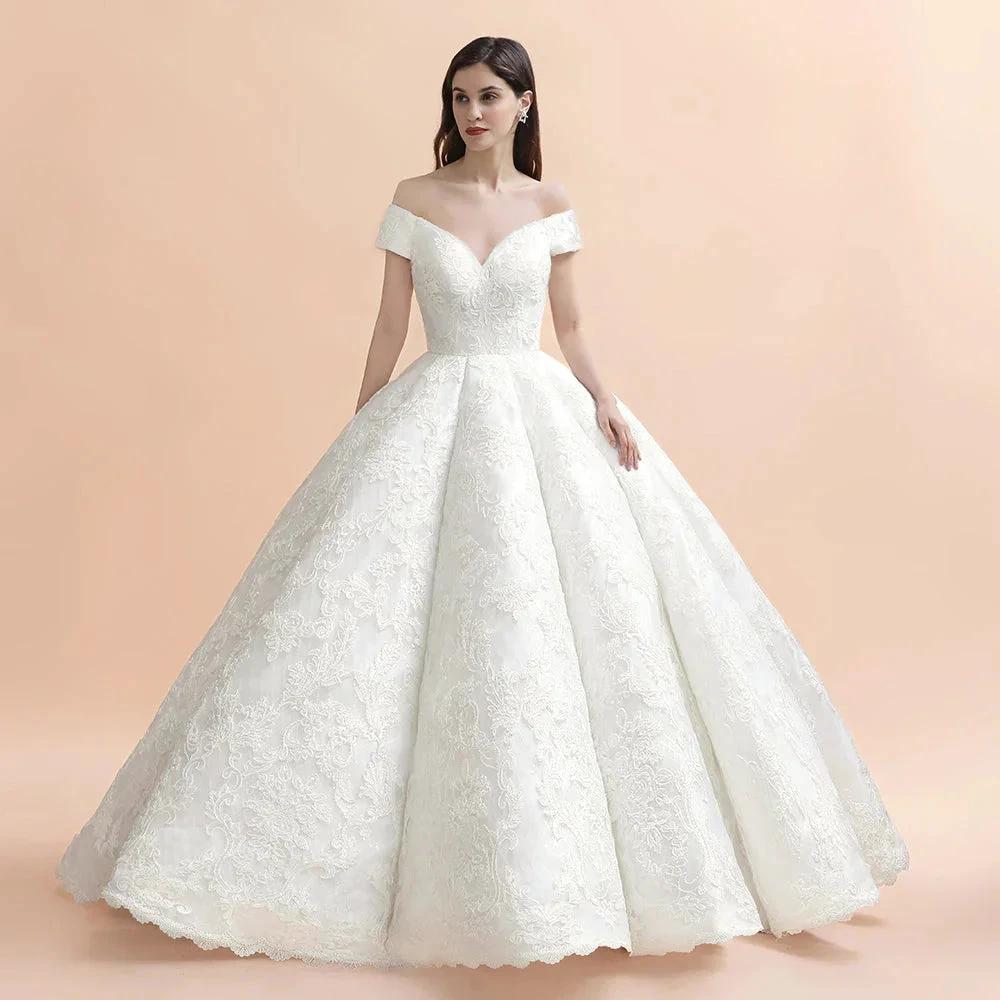 Off Shoulder Floor Length Bridal Gowns Lace Appliques Chapel Train Wedding Dress by misshow.com