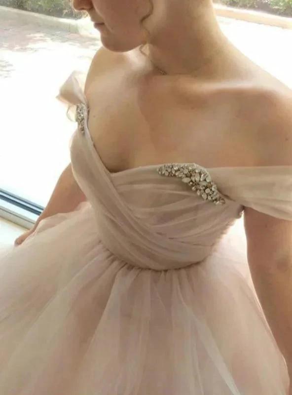 Off Shoulder Tulle Sleeves Blush Wedding Dress Colorful Bridal Dress WD354 by pgmdress