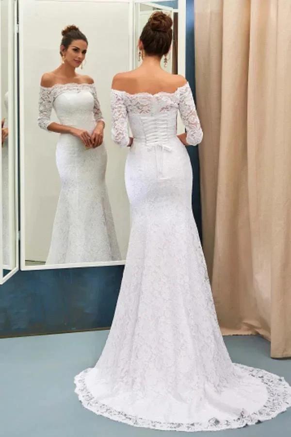 Off-The-Shoulder 3/4-Length Sleeves Lace-Up Mermaid Wedding Dress WD089 by pgmdress