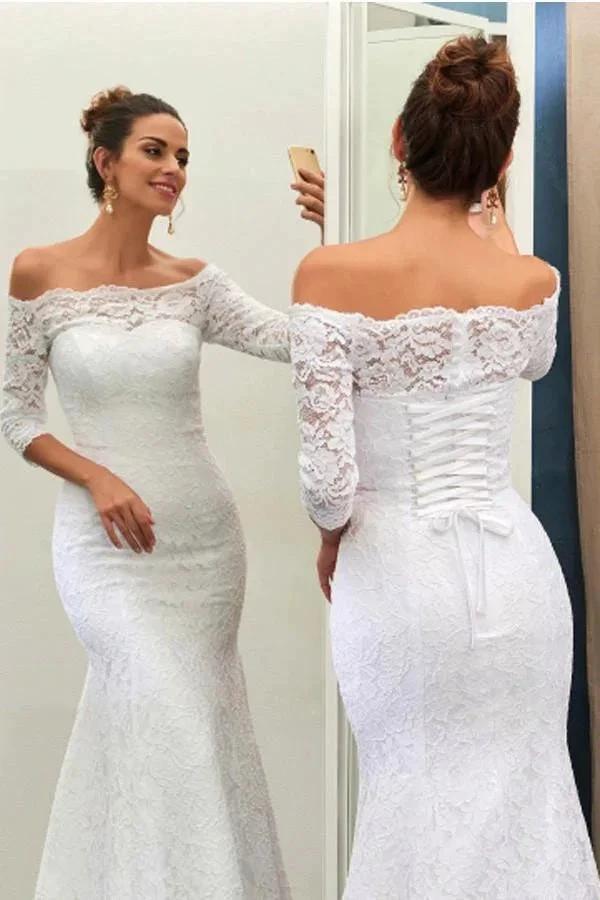 Off-The-Shoulder 3/4-Length Sleeves Lace-Up Mermaid Wedding Dress WD089 by pgmdress