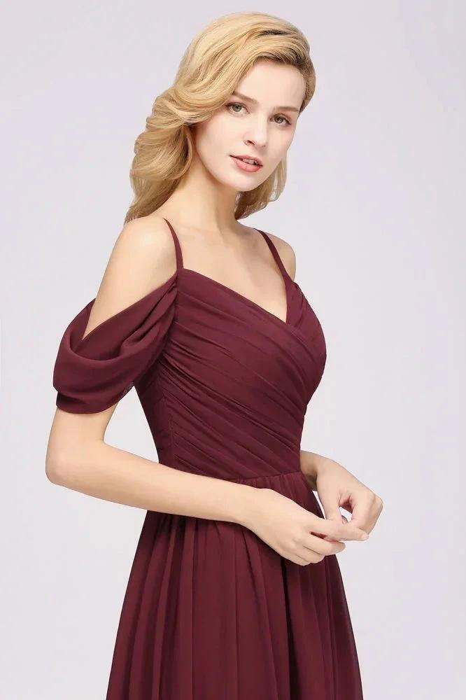Off-the-Shoulder A-line Chiffon Bridesmaid Dress Floor-Length Wedding Guest Dress by misshow.com