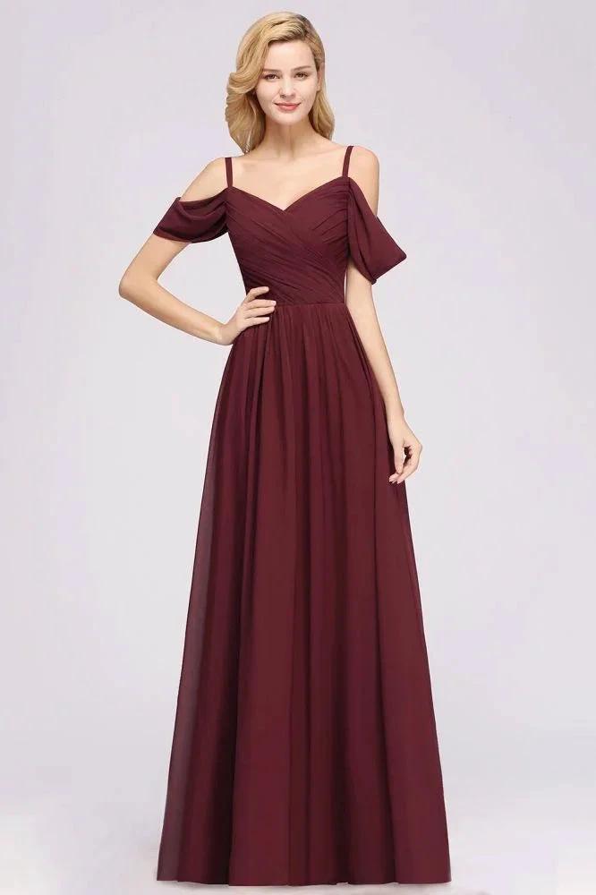 Off-the-Shoulder A-line Chiffon Bridesmaid Dress Floor-Length Wedding Guest Dress by misshow.com