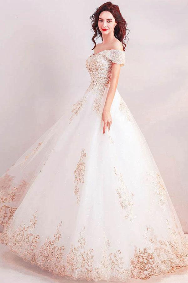 Off the Shoulder Ball Gown Long Wedding Dress with Gold Appliques WD368 by pgmdress
