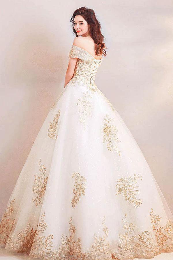 Off the Shoulder Ball Gown Long Wedding Dress with Gold Appliques WD368 by pgmdress