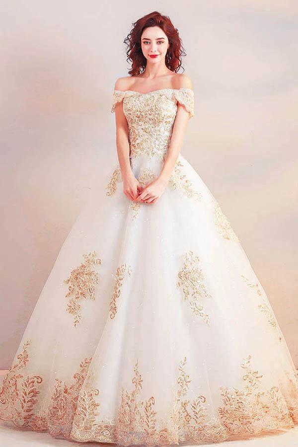 Off the Shoulder Ball Gown Long Wedding Dress with Gold Appliques WD368 by pgmdress