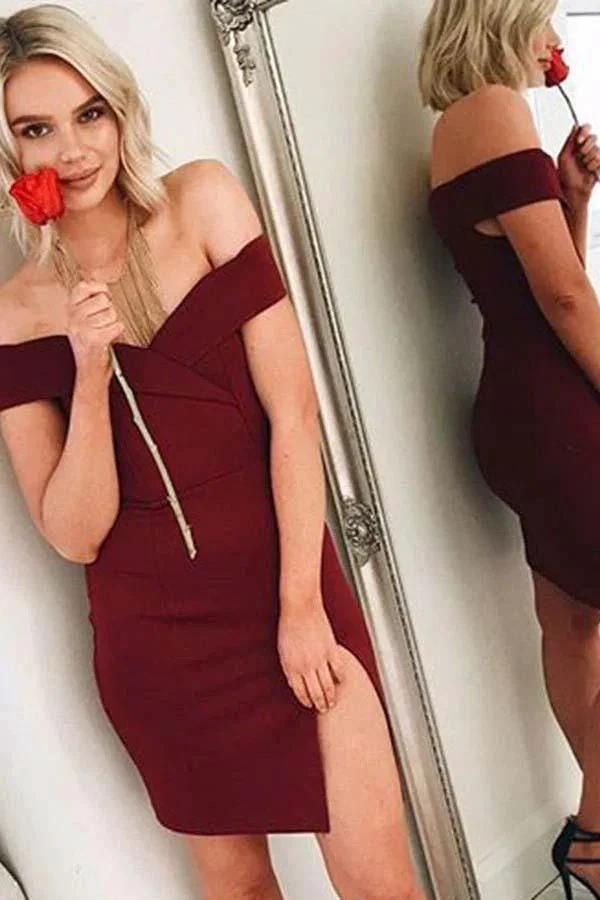 Off-the-Shoulder Burgundy Satin Homecoming Party Dress with Split PD019 by pgmdress