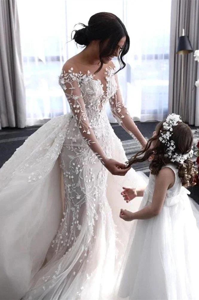 Off-the-Shoulder Deep V-Neck Wedding Dress with Overskirt by misshow.com