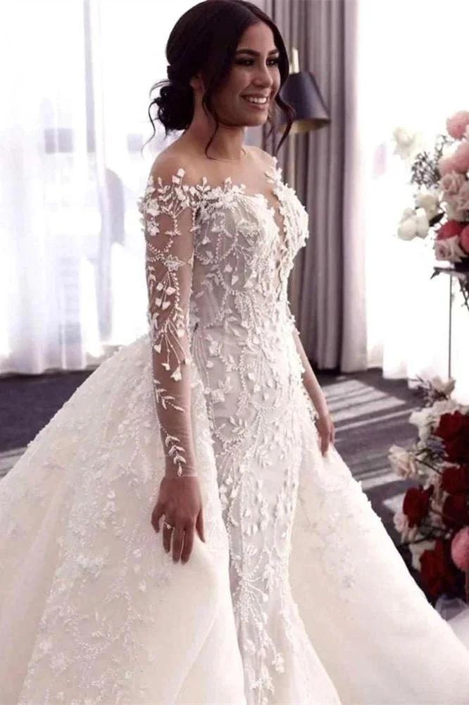 Off-the-Shoulder Deep V-Neck Wedding Dress with Overskirt by misshow.com
