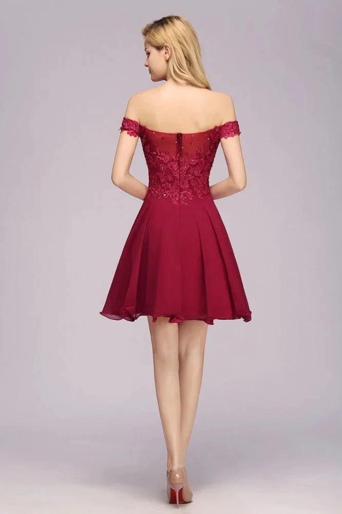 Off the Shoulder Floral Lace Short Homecoming Dress Burgundy Knee Length Chiffon Evening Dress by misshow.com