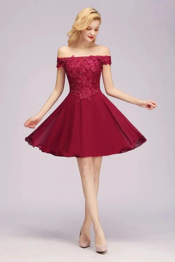 Off the Shoulder Floral Lace Short Homecoming Dress Burgundy Knee Length Chiffon Evening Dress by misshow.com
