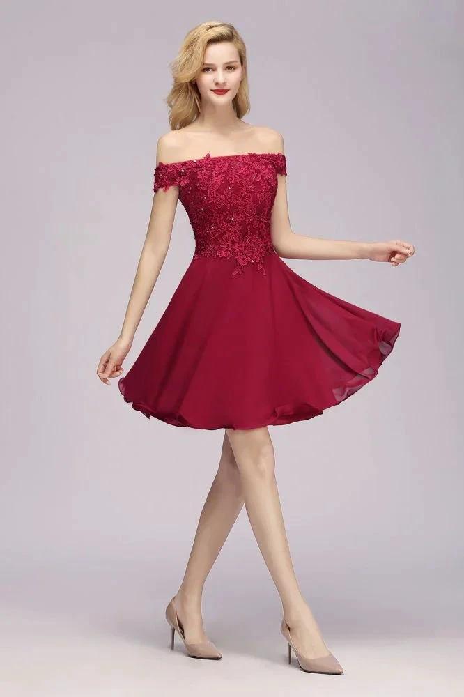 Off the Shoulder Floral Lace Short Homecoming Dress Burgundy Knee Length Chiffon Evening Dress by misshow.com
