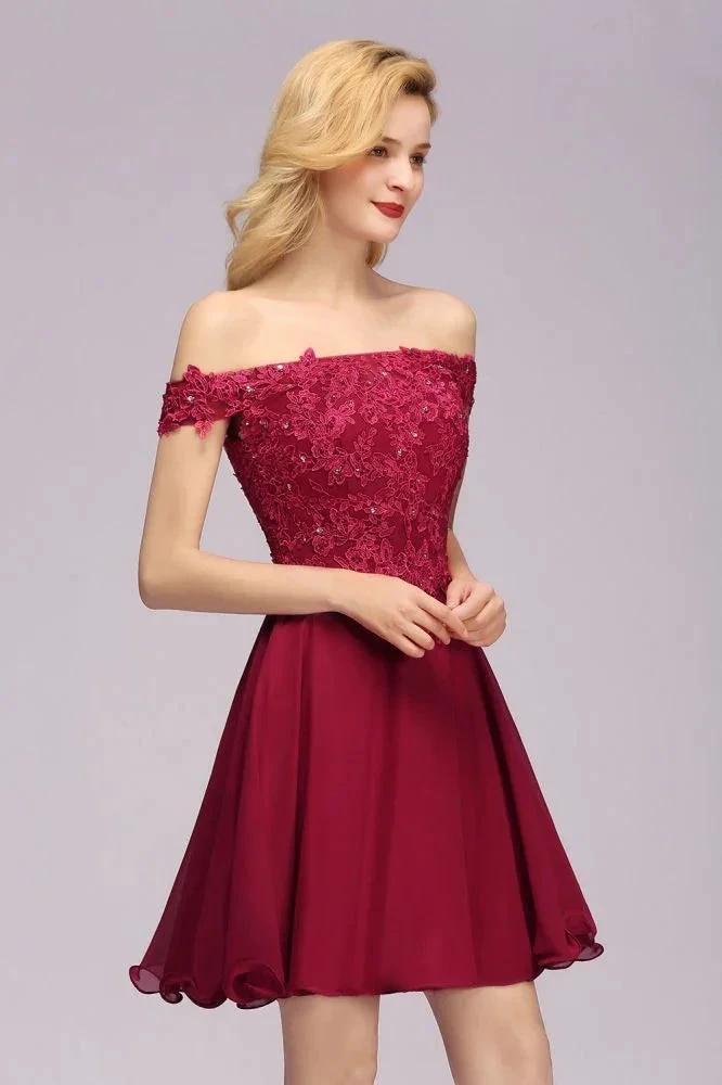 Off the Shoulder Floral Lace Short Homecoming Dress Burgundy Knee Length Chiffon Evening Dress by misshow.com