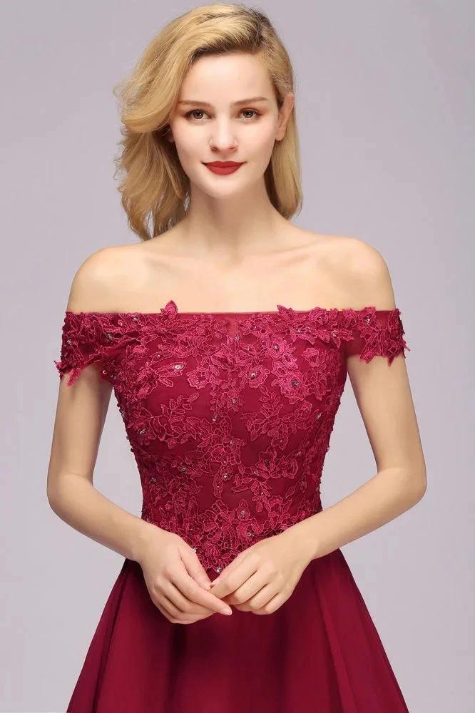 Off the Shoulder Floral Lace Short Homecoming Dress Burgundy Knee Length Chiffon Evening Dress by misshow.com