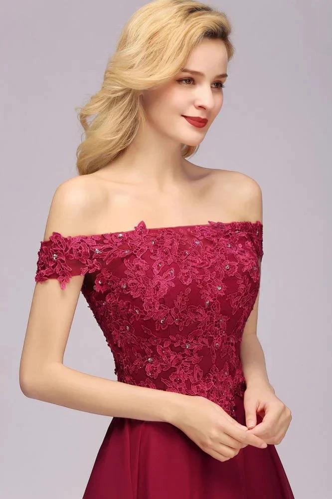 Off the Shoulder Floral Lace Short Homecoming Dress Burgundy Knee Length Chiffon Evening Dress by misshow.com