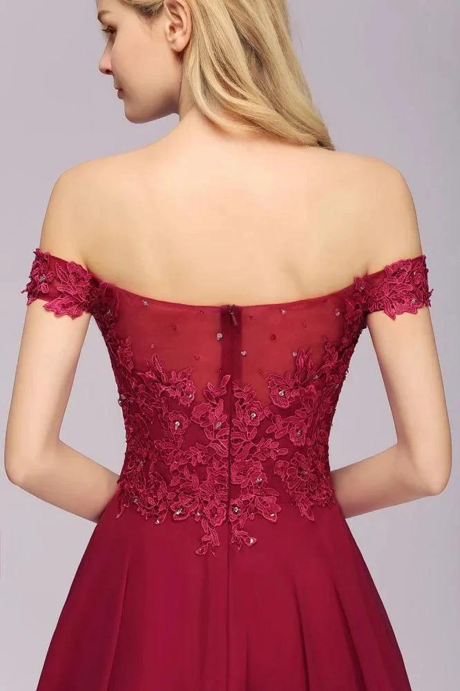 Off the Shoulder Floral Lace Short Homecoming Dress Burgundy Knee Length Chiffon Evening Dress by misshow.com