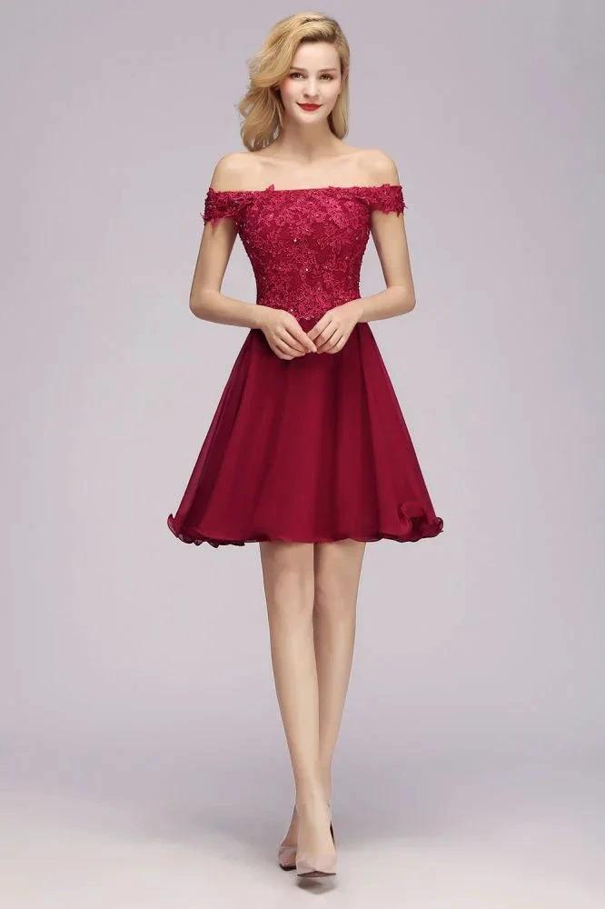 Off the Shoulder Floral Lace Short Homecoming Dress Burgundy Knee Length Chiffon Evening Dress by misshow.com
