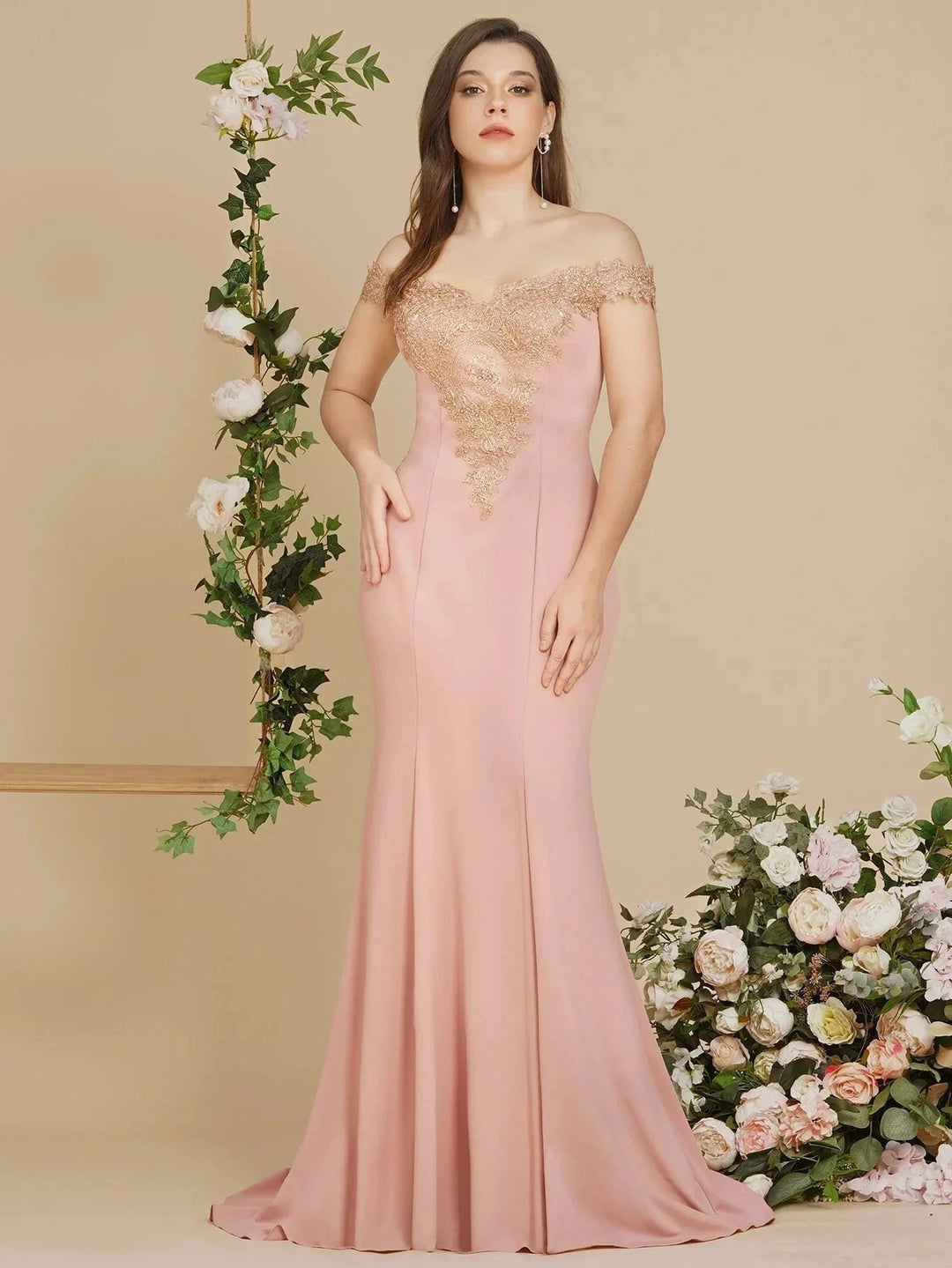 Off the Shoulder Gold Appliques Mermaid Evening Gowns Slim Prom Dress by misshow.com