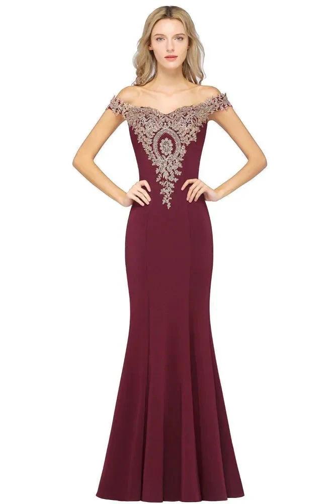 Off the Shoulder Gold Appliques Mermaid Evening Gowns Slim Prom Dress by misshow.com