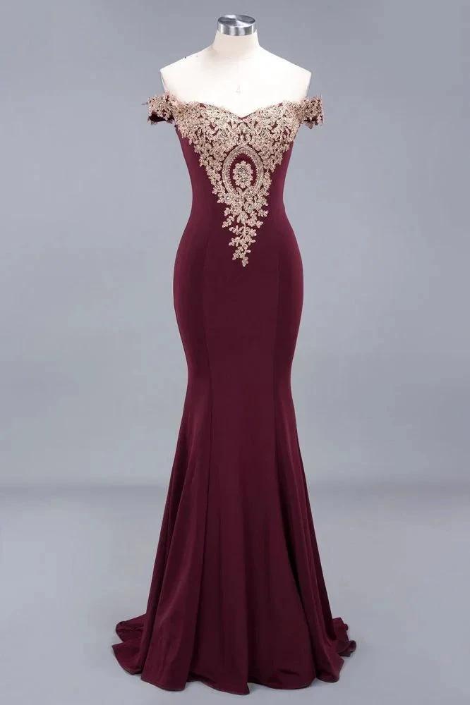 Off the Shoulder Gold Appliques Mermaid Evening Gowns Slim Prom Dress by misshow.com