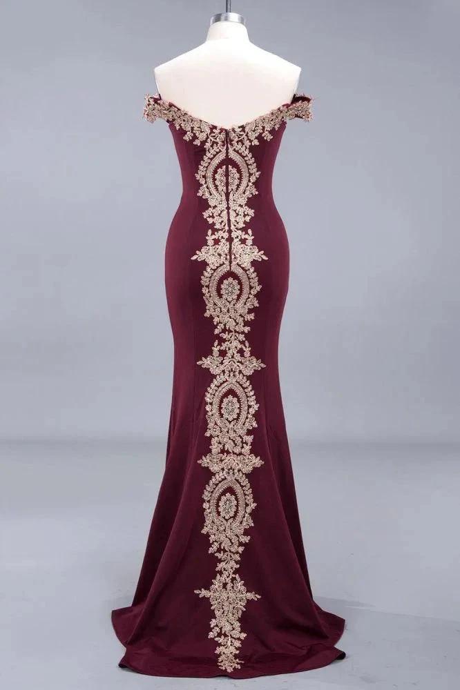Off the Shoulder Gold Appliques Mermaid Evening Gowns Slim Prom Dress by misshow.com