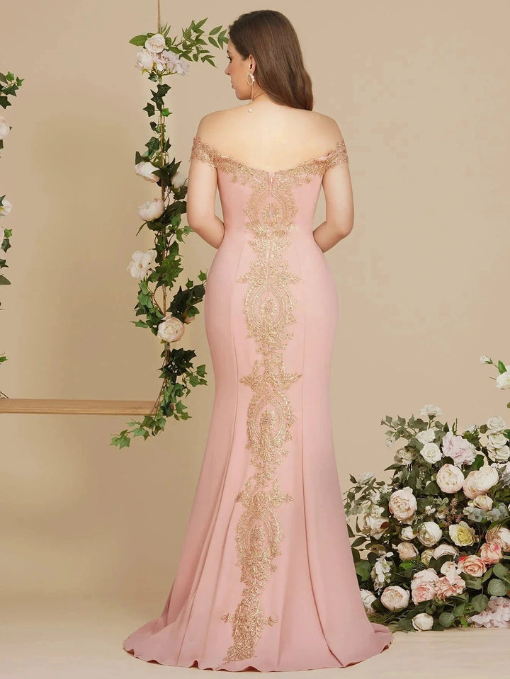 Off the Shoulder Gold Appliques Mermaid Evening Gowns Slim Prom Dress by misshow.com