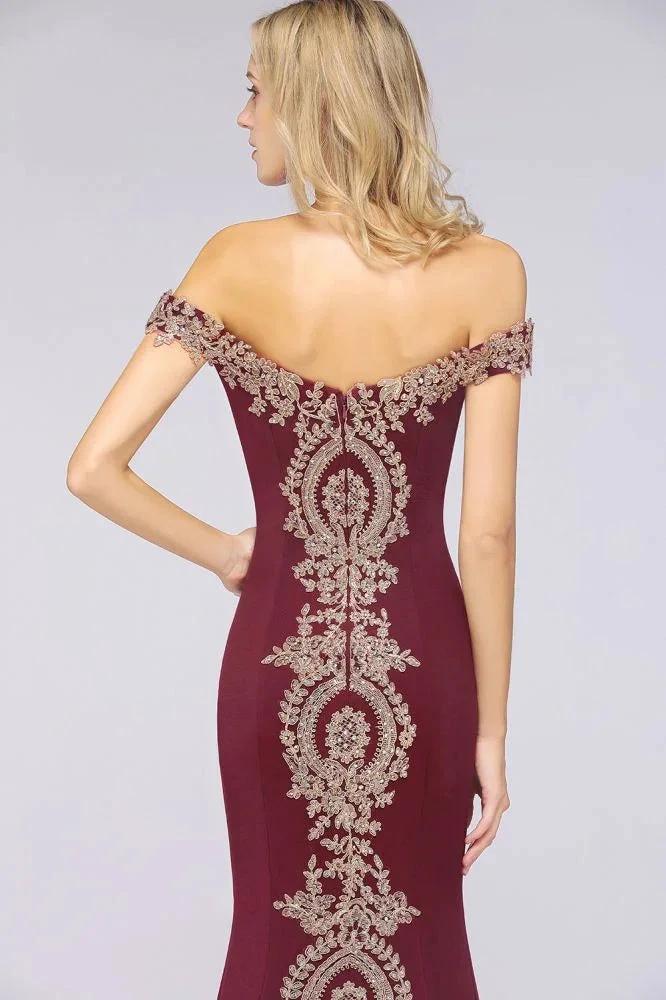Off the Shoulder Gold Appliques Mermaid Evening Gowns Slim Prom Dress by misshow.com
