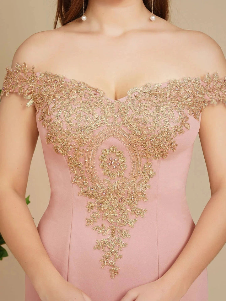 Off the Shoulder Gold Appliques Mermaid Evening Gowns Slim Prom Dress by misshow.com
