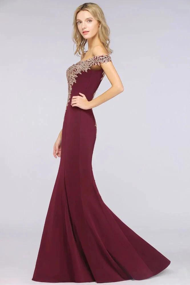 Off the Shoulder Gold Appliques Mermaid Evening Gowns Slim Prom Dress by misshow.com