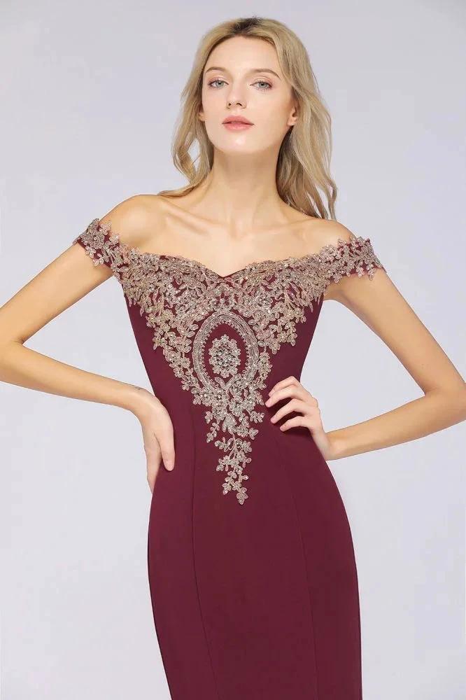Off the Shoulder Gold Appliques Mermaid Evening Gowns Slim Prom Dress by misshow.com