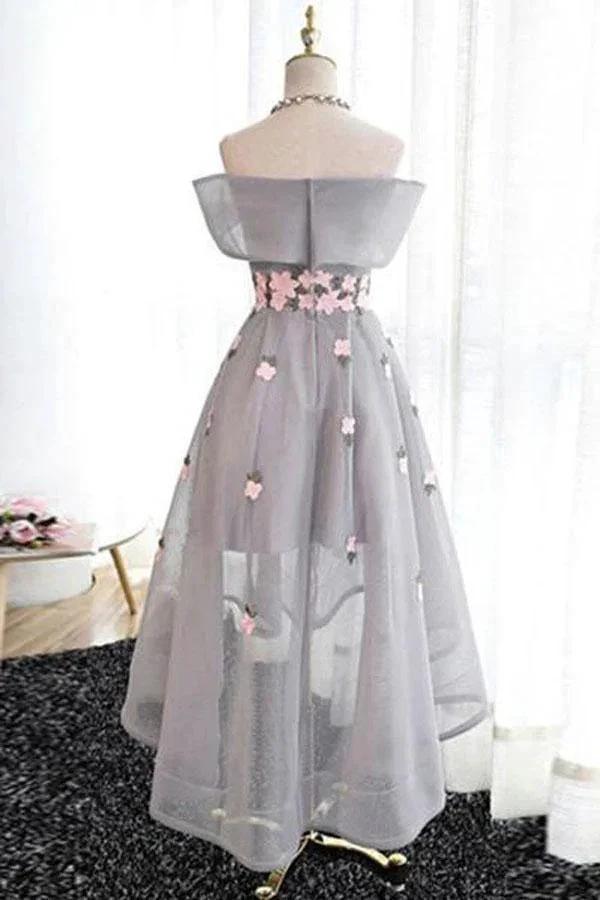 Off-the-Shoulder High Low Grey Tulle Homecoming Dress With Appliques PD243 by pgmdress
