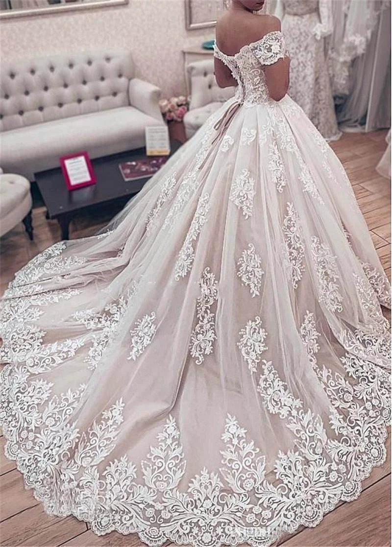 Off the Shoulder Lace Appliques Ball Gown Wedding Dress WD027 by pgmdress