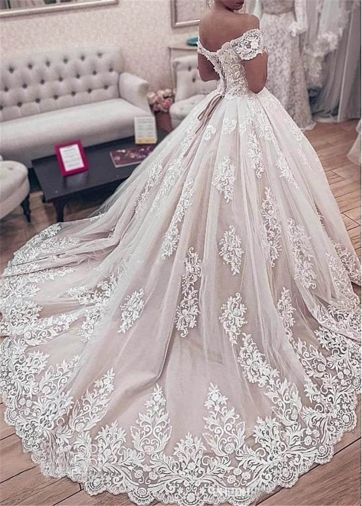 Off the Shoulder Lace Appliques Ball Gown Wedding Dress WD027 by pgmdress